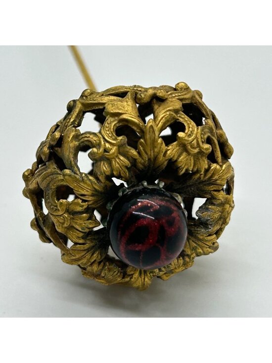 Estate Jewelry - Antique Edwardian Hat Pin Gilded Brass Filigree Red Cabochon 1900s 9" READ